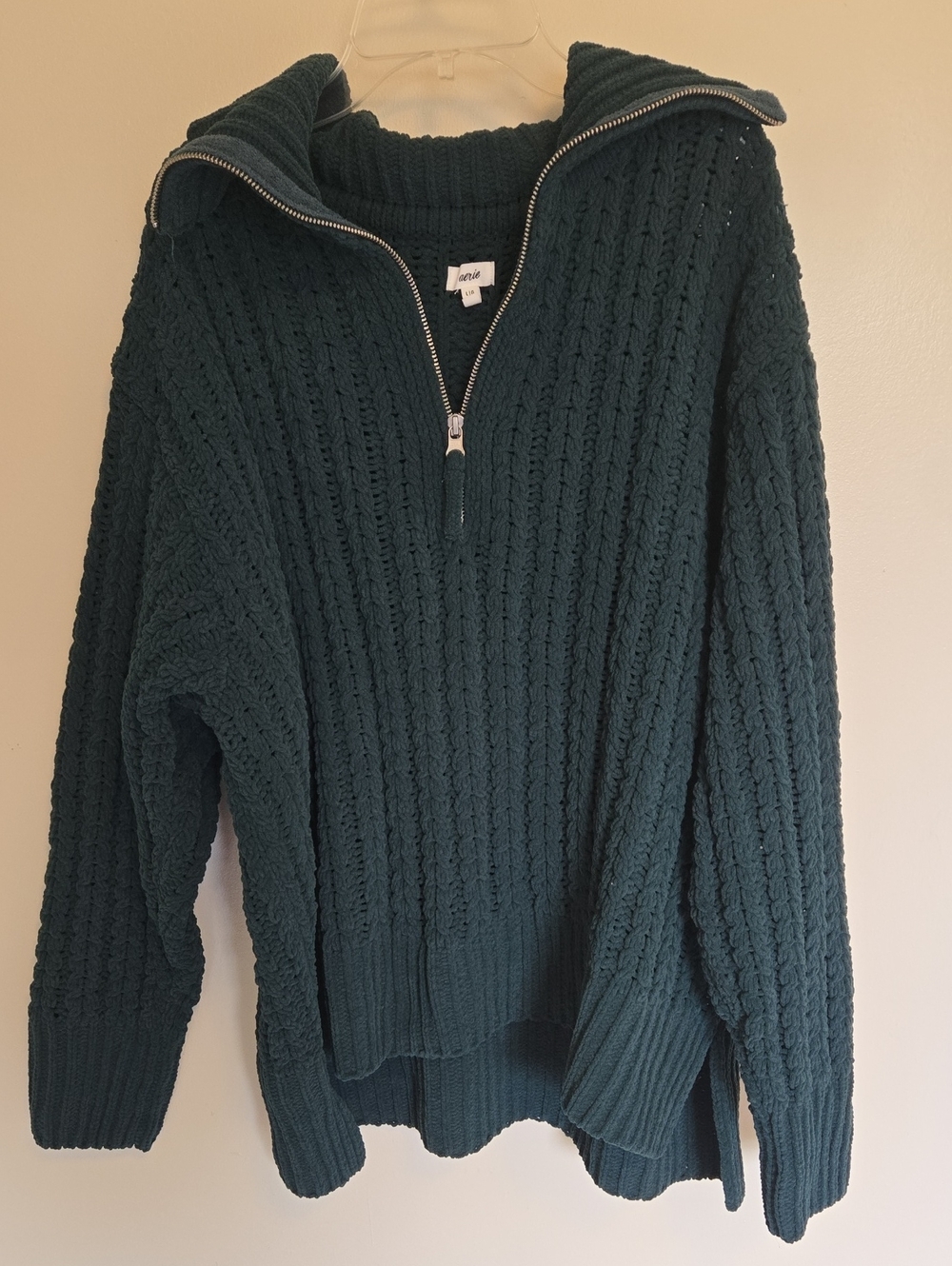 Aerie Cable Car Quarter Zip Sweater Deep Forest Green L Oversized Relaxed Fit